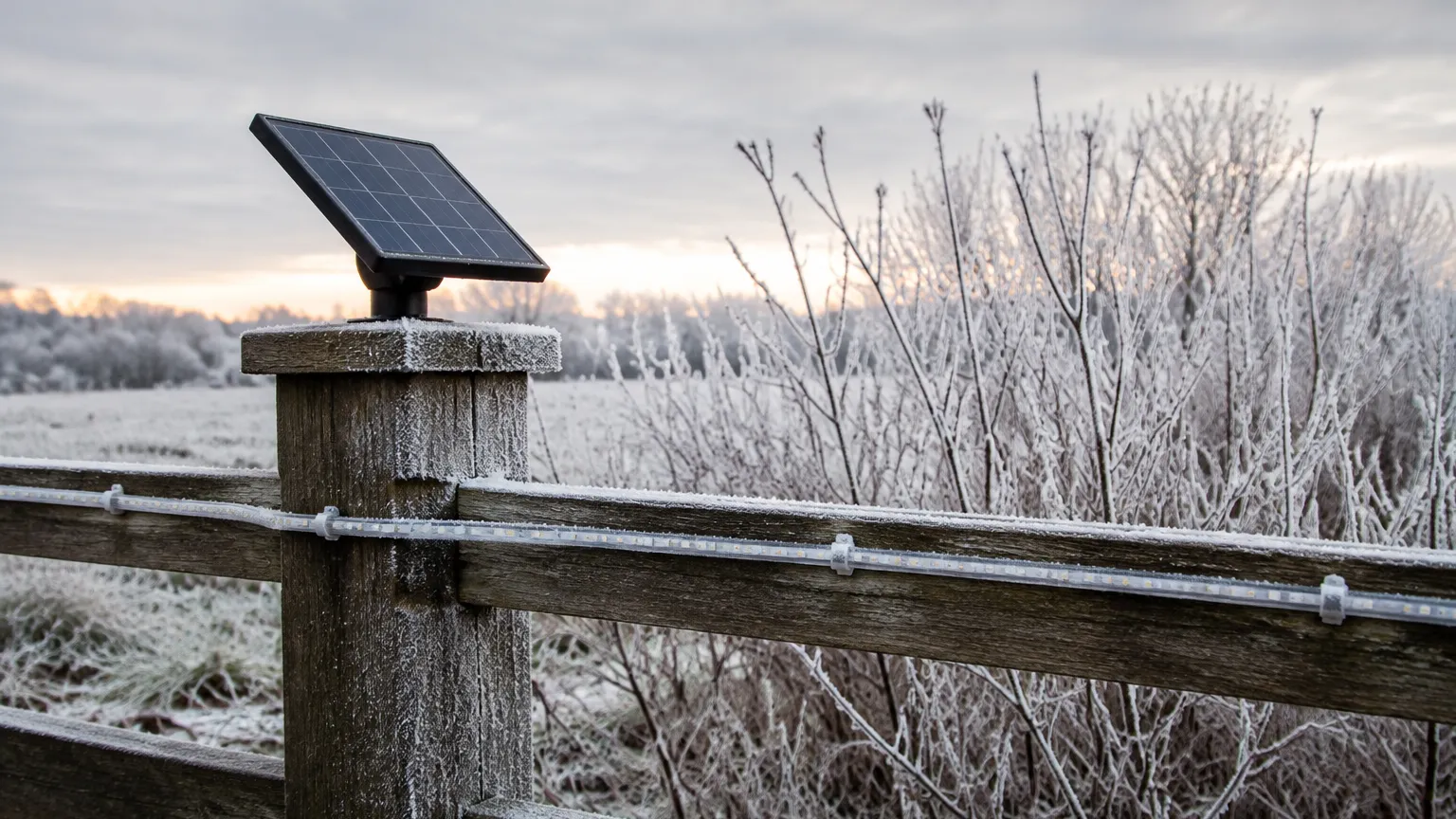 Frost on a garden fence at dawn in winter with a small solar panel angled toward a low grey sky and thin unlit LED tape along the rail