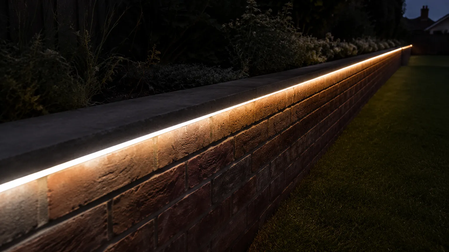Long LED tape run along a low garden wall at dusk with the far end visibly dimmer and warmer than the end nearest the power feed