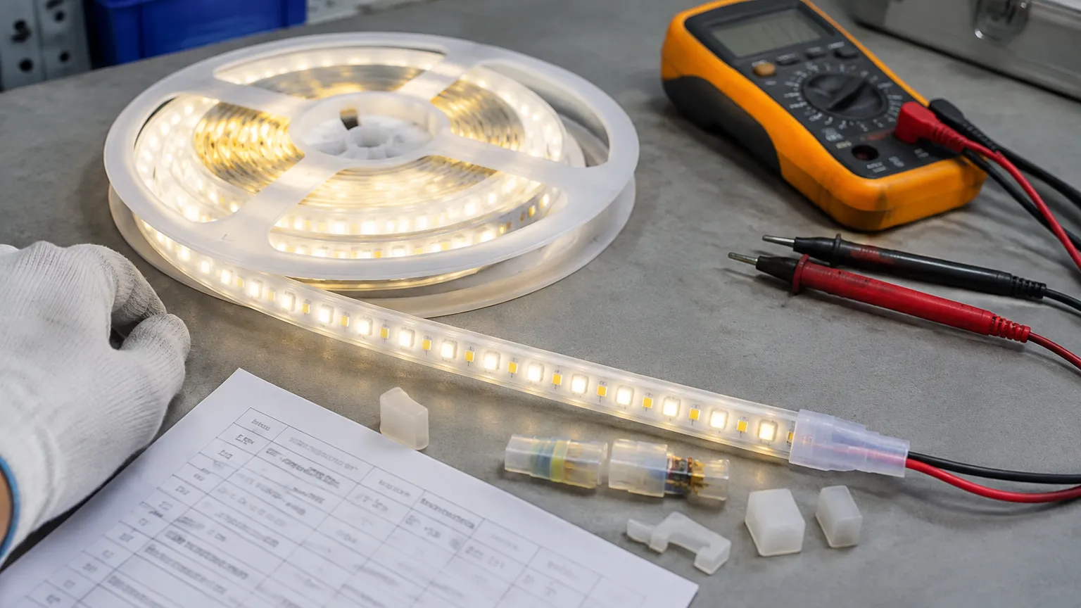 Buyer testing a full reel of outdoor LED tape on a workshop bench with a meter, a spec sheet and sample connectors laid out alongside