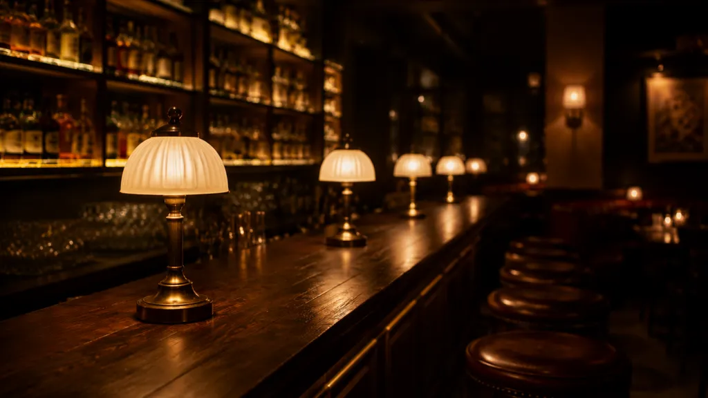 Warm, dimly lit cocktail bar at night with small vintage-style table lamps glowing along the bar top and concealed light behind the bottle shelving