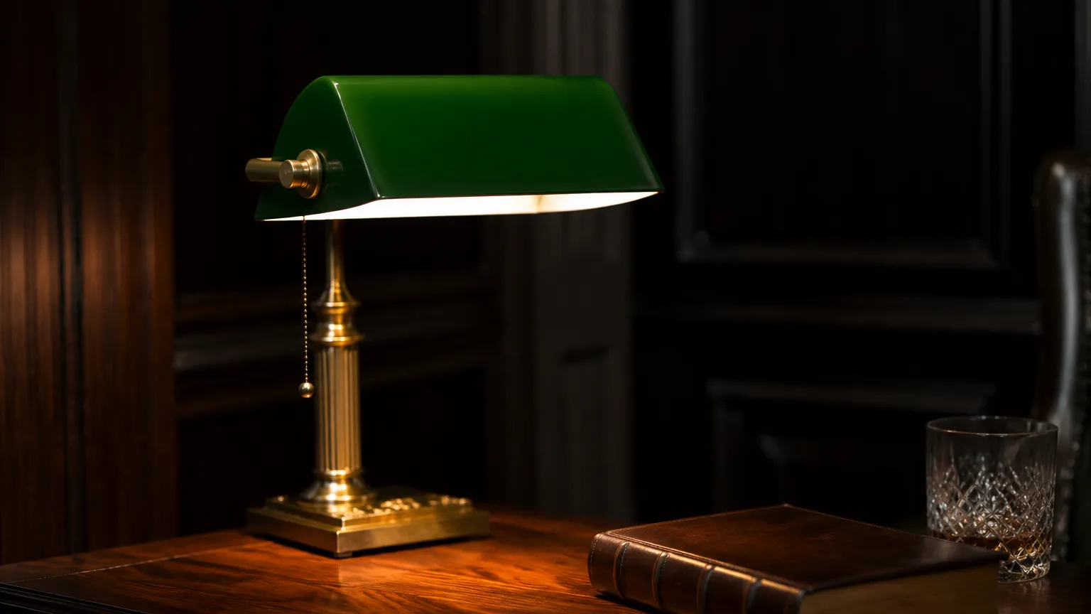 Brass desk lamp with a green cased-glass shade and pull chain standing on a dark wood counter, warm light pooled on the surface and the bulb hidden from view