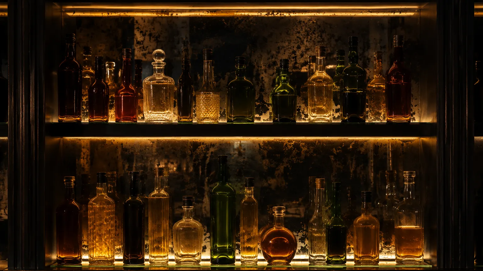 Back bar shelving lit by a concealed warm linear light behind rows of bottles, aluminium channel just visible under the shelf edge and no visible dotting on the glass