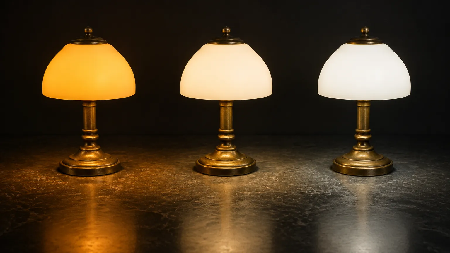 Three identical small lamps standing side by side on one counter lit at different color temperatures, from deep amber through warm white to neutral white, showing the visible difference