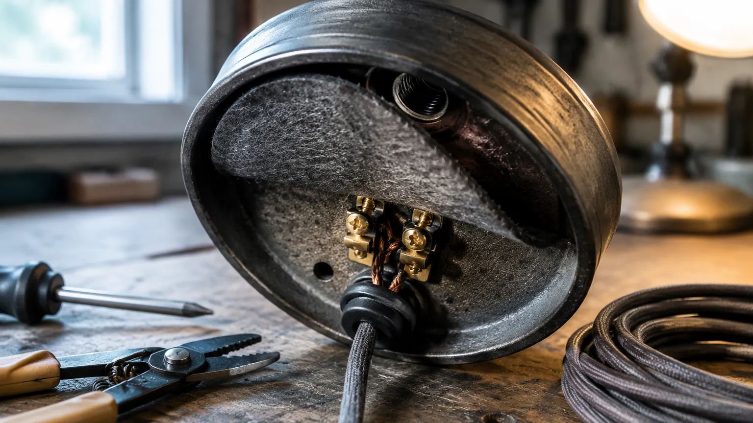 Close view of the underside of a metal lamp base on a workbench showing the cord entry, strain relief, socket wiring and felt pad, with hand tools beside it
