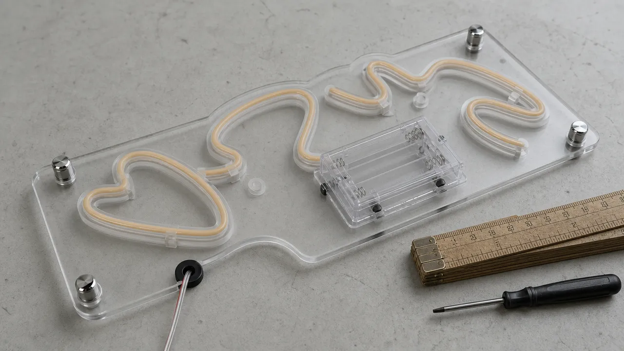 Back of an LED neon sign on clear acrylic, showing the low-voltage lead and a small compartment for cells