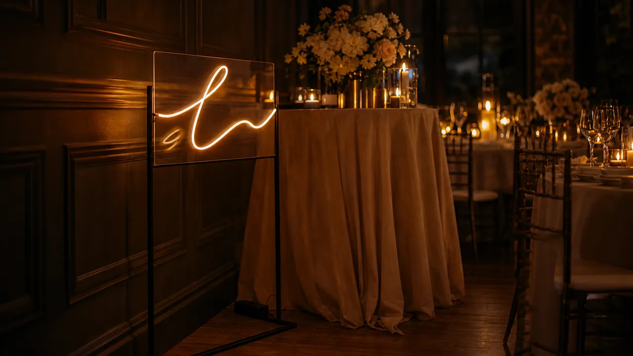 Warm script LED neon sign on a floor stand at an evening reception, a small power bank hidden behind the base
