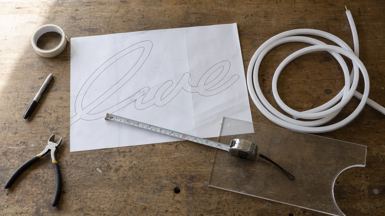 Workshop bench with a printed neon artwork proof, a tape measure and a coil of unlit LED neon flex