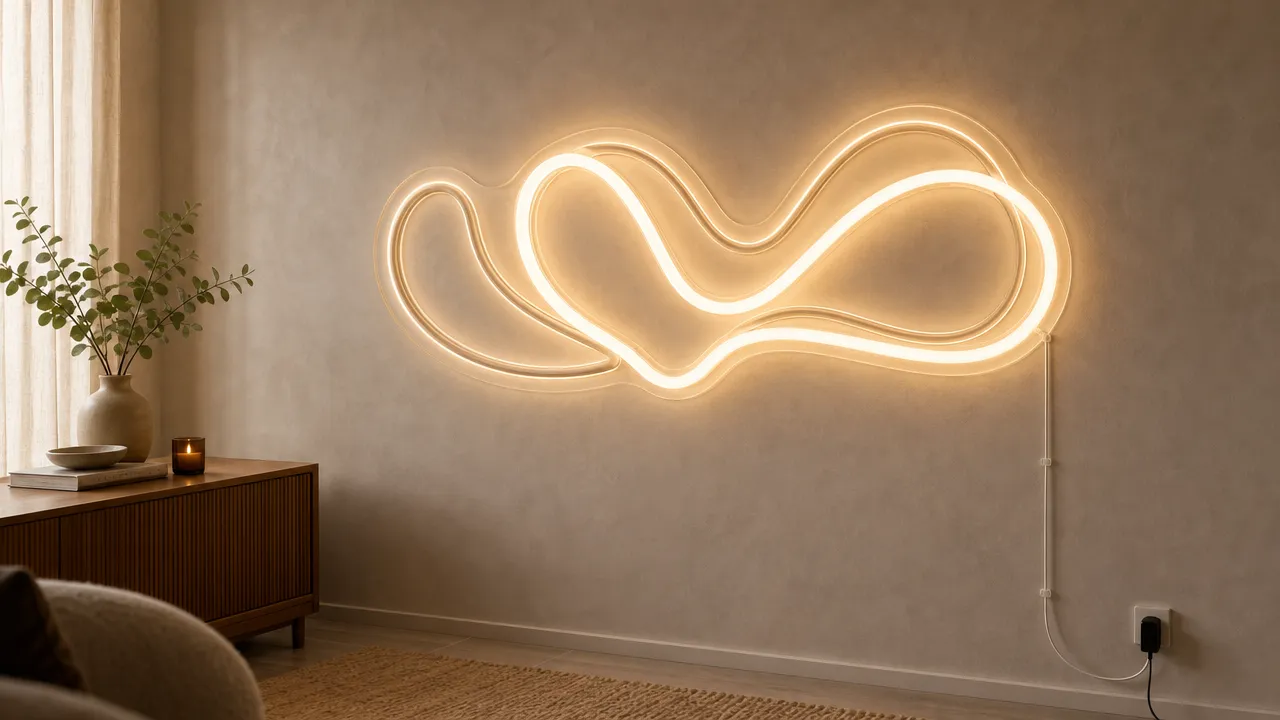 Large custom script LED neon sign on clear acrylic, its low-voltage lead running down to a plug-in adapter