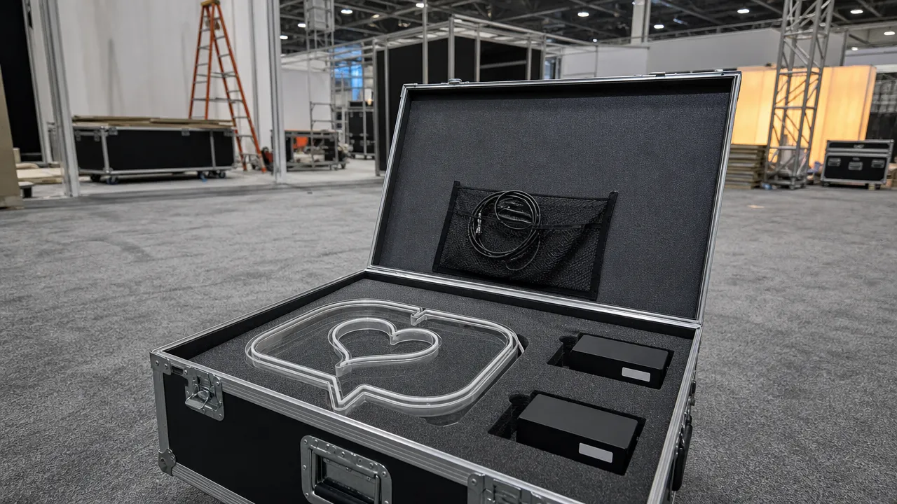 Open flight case on an exhibition floor holding a foam-cut neon sign and two labelled battery packs