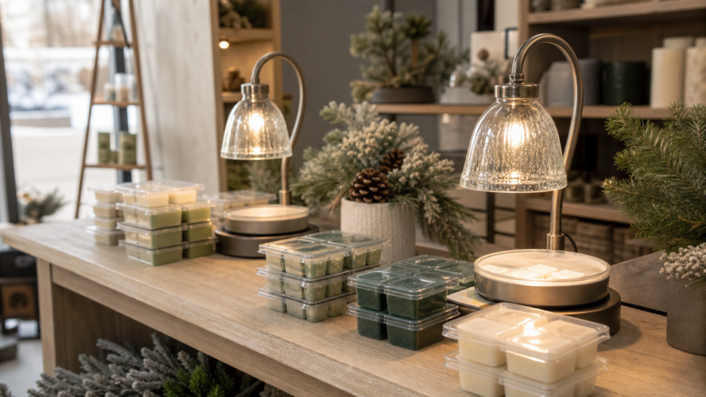 Gift shop shelf at Christmas with lit candle warmer lamps and stacked packs of christmas wax melts on a wood counter