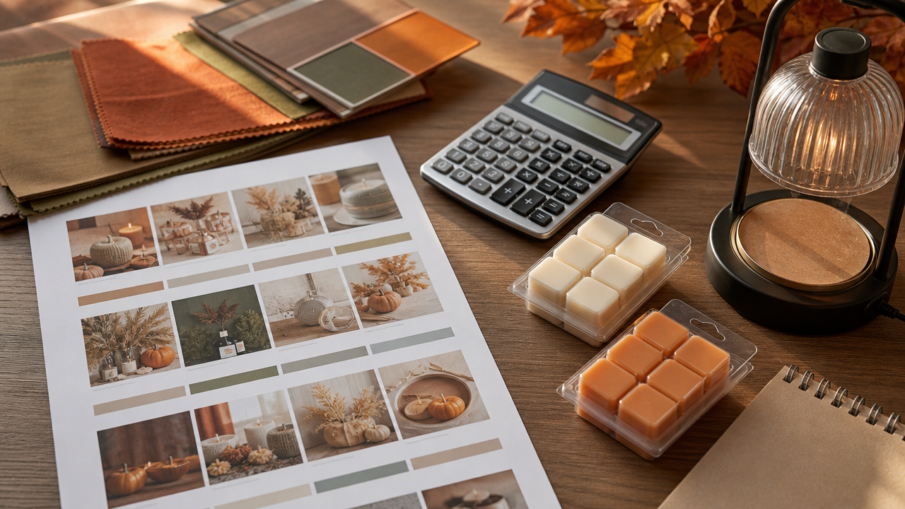 Retail buyer&rsquo;s desk in early autumn with a seasonal plan on paper, sample clamshells of wax melts and a warmer lamp