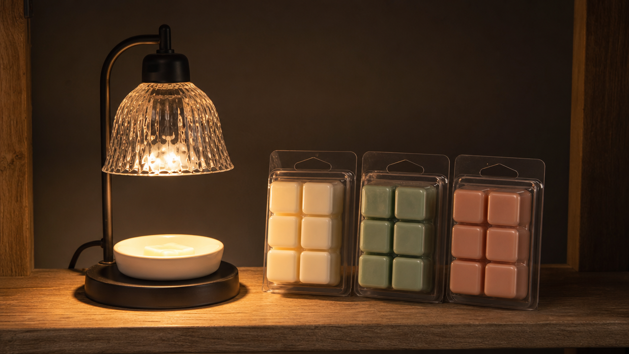 Close view of a lit warmer lamp beside three sealed clamshell packs of festive wax melts on a shop shelf