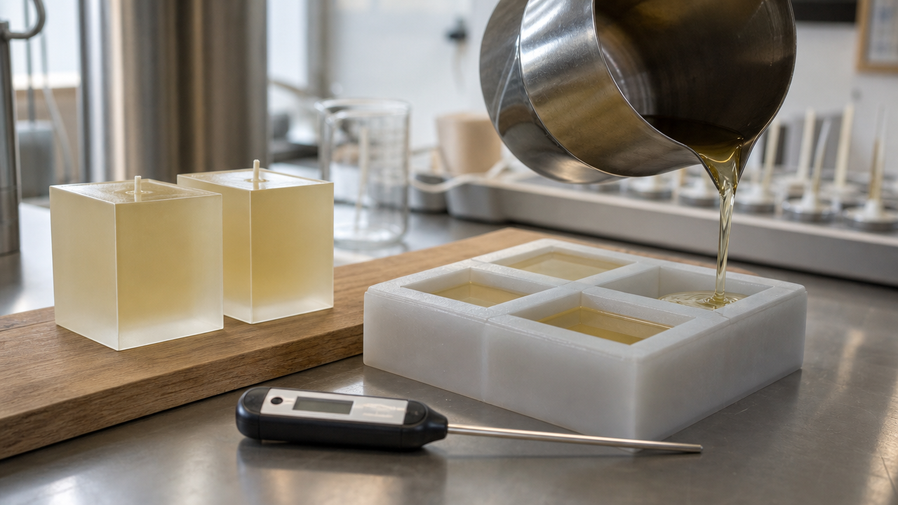 Small workshop bench with melted wax being poured into a cube mould, sealed sample packs cooling alongside