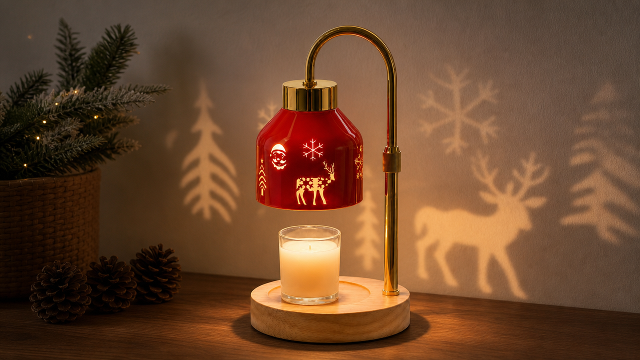 Christmas reindeer candle warmer lamp with a pierced openwork metal shade on a wood base, casting a deer shadow on the wall