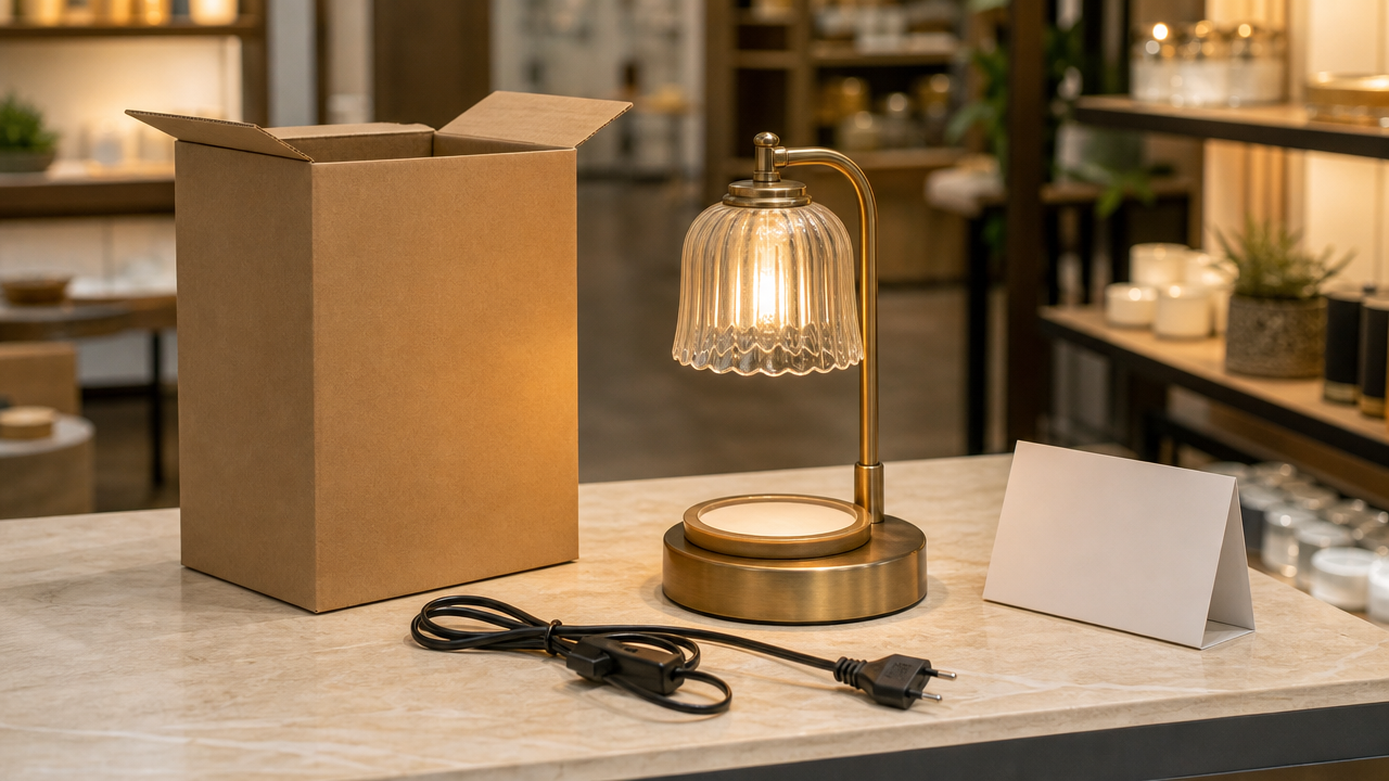 Gift counter display of a boxed electric candle warmer lamp with its cord and plug shown beside the carton