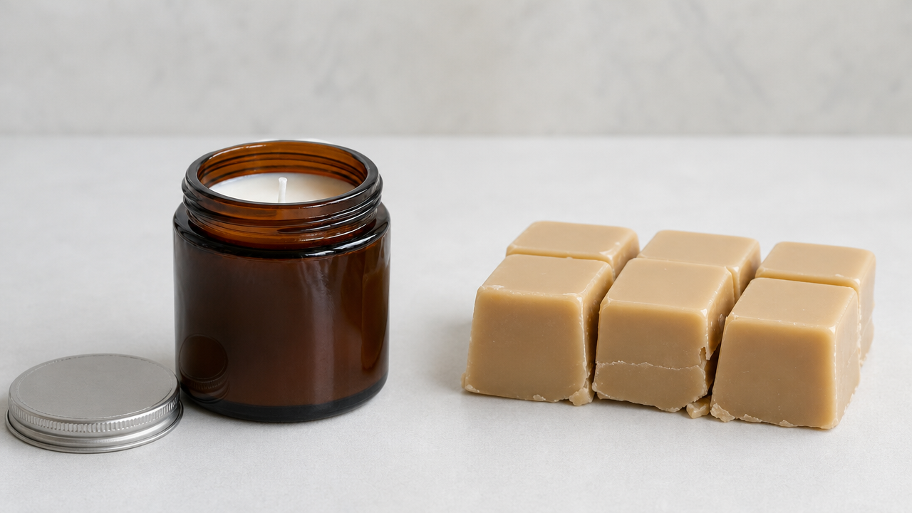 A wicked jarred candle and a wickless wax melt block side by side on a plain surface, showing the difference in build