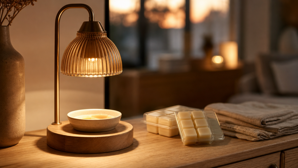 Top-down candle warmer lamp glowing over a dish of melting wax at dusk, clamshell packs of wax cubes beside it