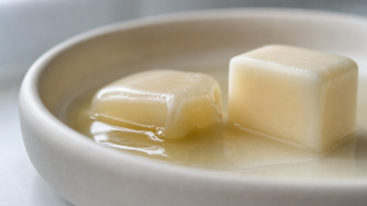 Two scented wax cubes half melted in a shallow ceramic warmer dish, one still square, one collapsed into liquid wax