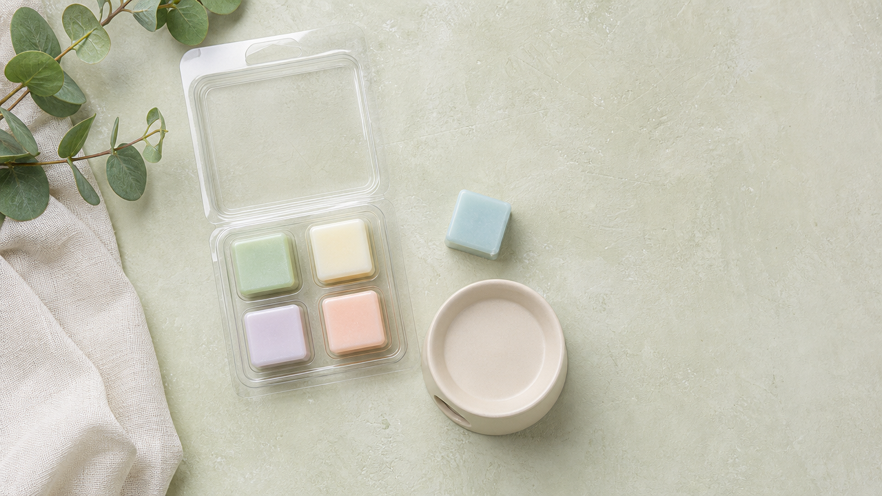 Open clamshell of six wax cubes on a pale counter, one cube set aside beside a small empty warmer dish