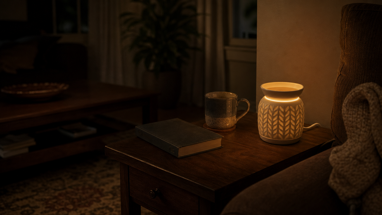 Small electric wax warmer glowing on a side table in a dark living room, wax fully liquid in the dish