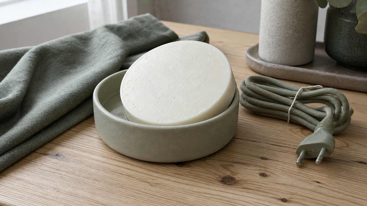 Disc of set spent wax lifted from a cooled ceramic warmer dish, the unplugged cord coiled beside it