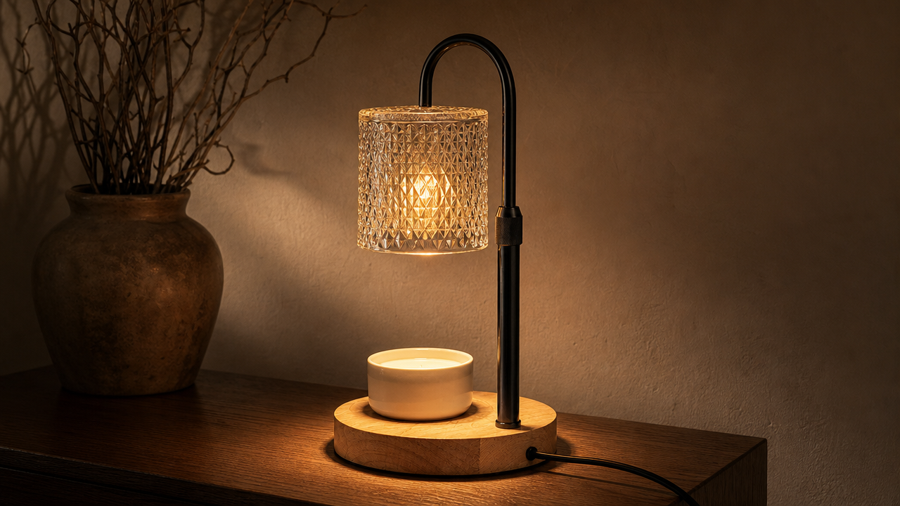 Top-down candle warmer lamp, fluted glass dome shade on a wood base, warming a small dish of melted wax