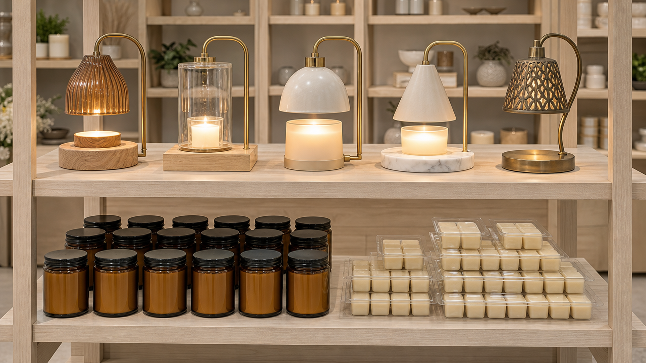 Retail shelf of top-down candle warmer lamps with glass shades and wood bases above jarred candles and wax cubes