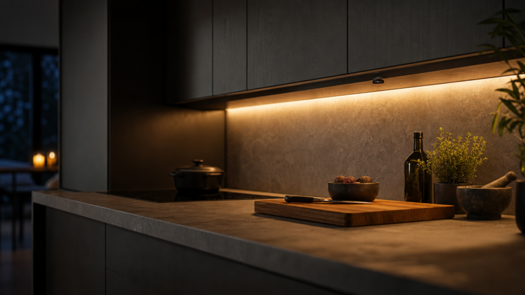 Dark kitchen at night with a warm LED strip glowing under the wall cabinets and lighting the worktop as somebody approaches