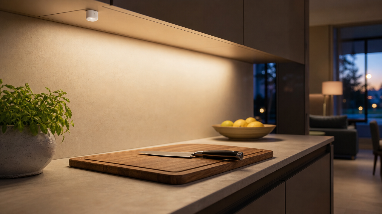 LED strip under a kitchen wall cabinet lighting a chopping board, with a small sensor module at the cabinet lip