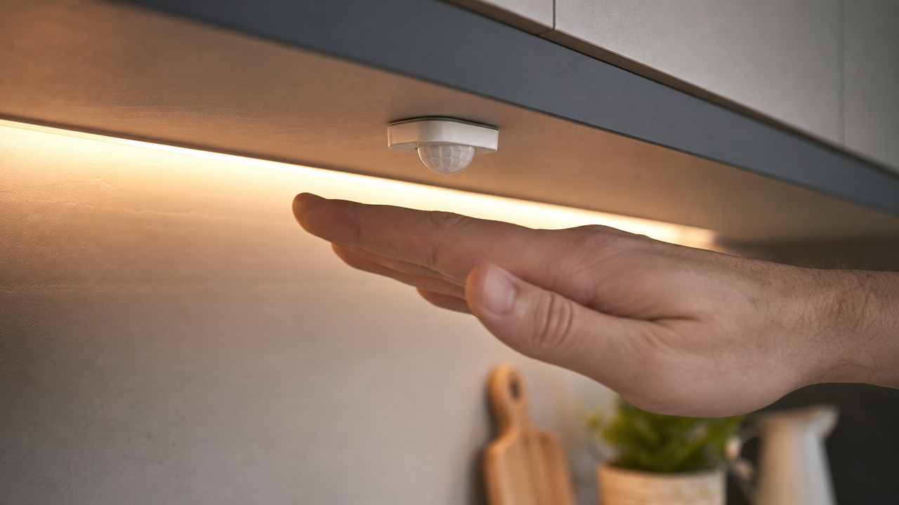Small passive infrared sensor module clipped under a cabinet edge as a hand crosses the detection zone