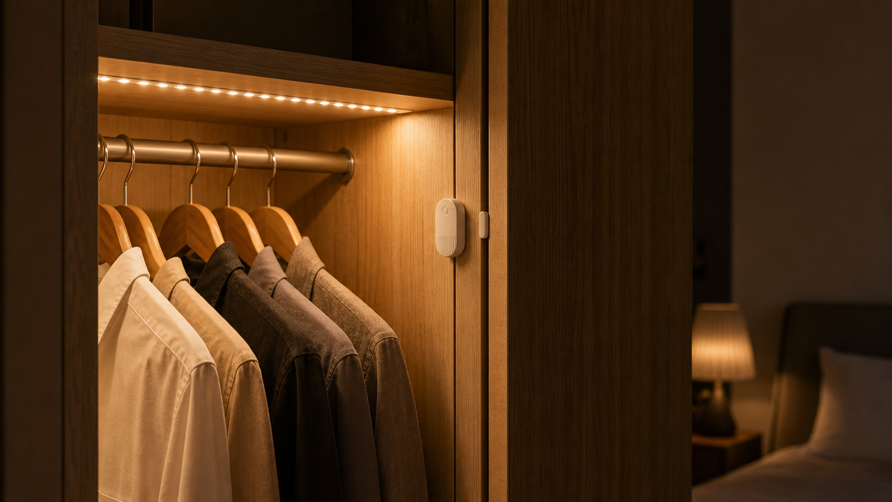 Open fitted wardrobe lit by a warm LED strip, with a magnetic door switch on the cabinet frame