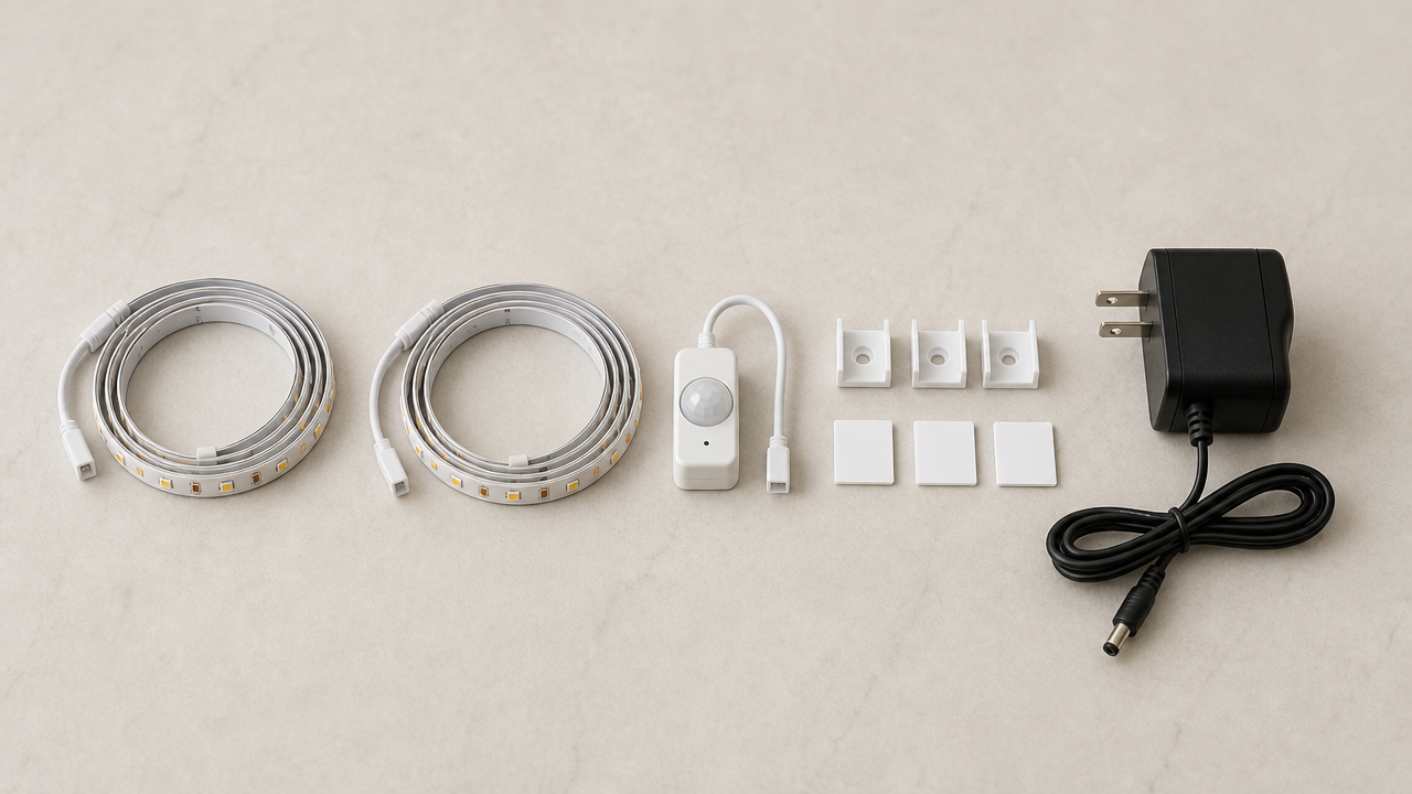 LED strip light motion sensor kit laid out flat: strip sections, sensor module, mounting clips, plug-in adapter