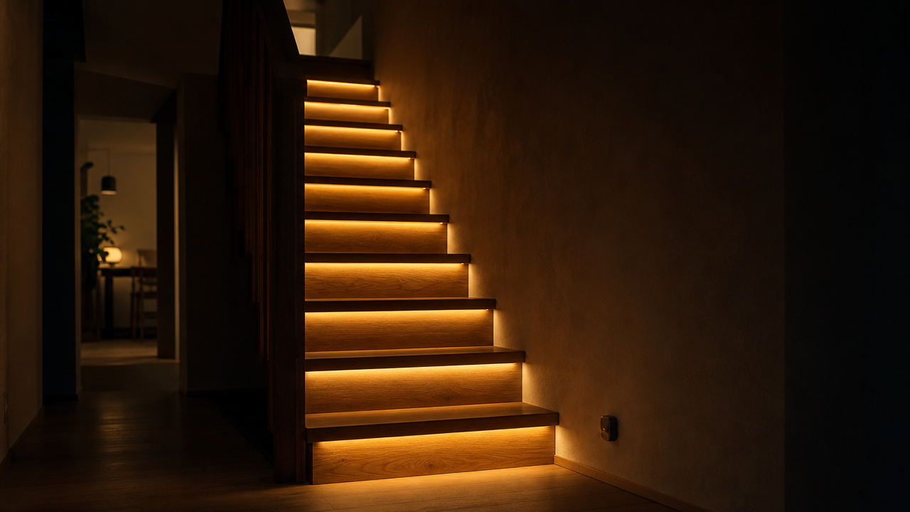 Warm LED strip under timber stair treads in a dark hallway, with a sensor at the side of the flight