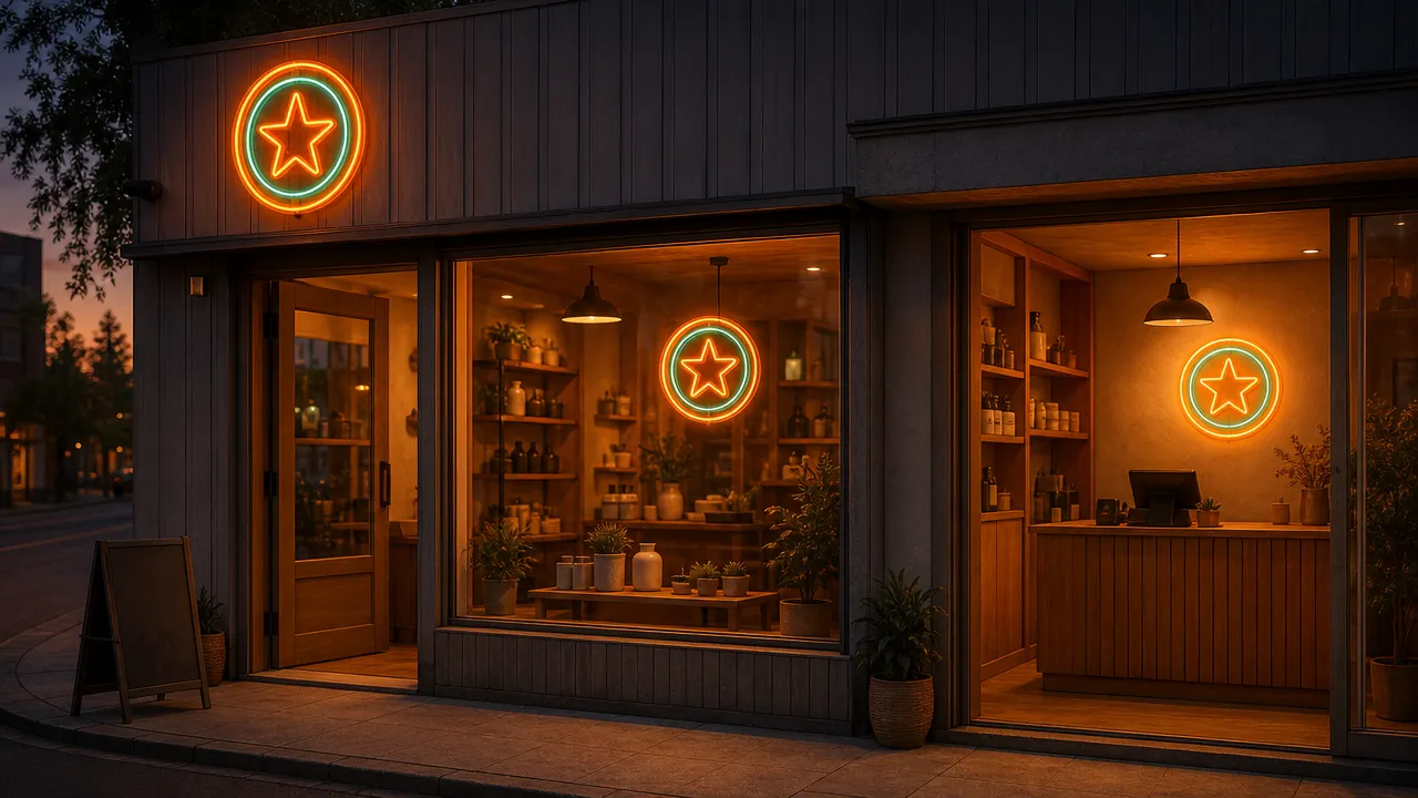 One store lit in three places at once: the fascia above the door, the display window and the wall behind the counter