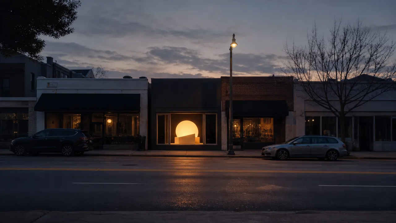 View across a two-lane street at dusk toward a shop window where the neon glow is still readable at distance