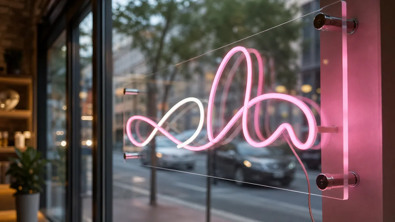 LED neon sign on a clear acrylic backing panel mounted on standoffs a few inches behind shop window glass