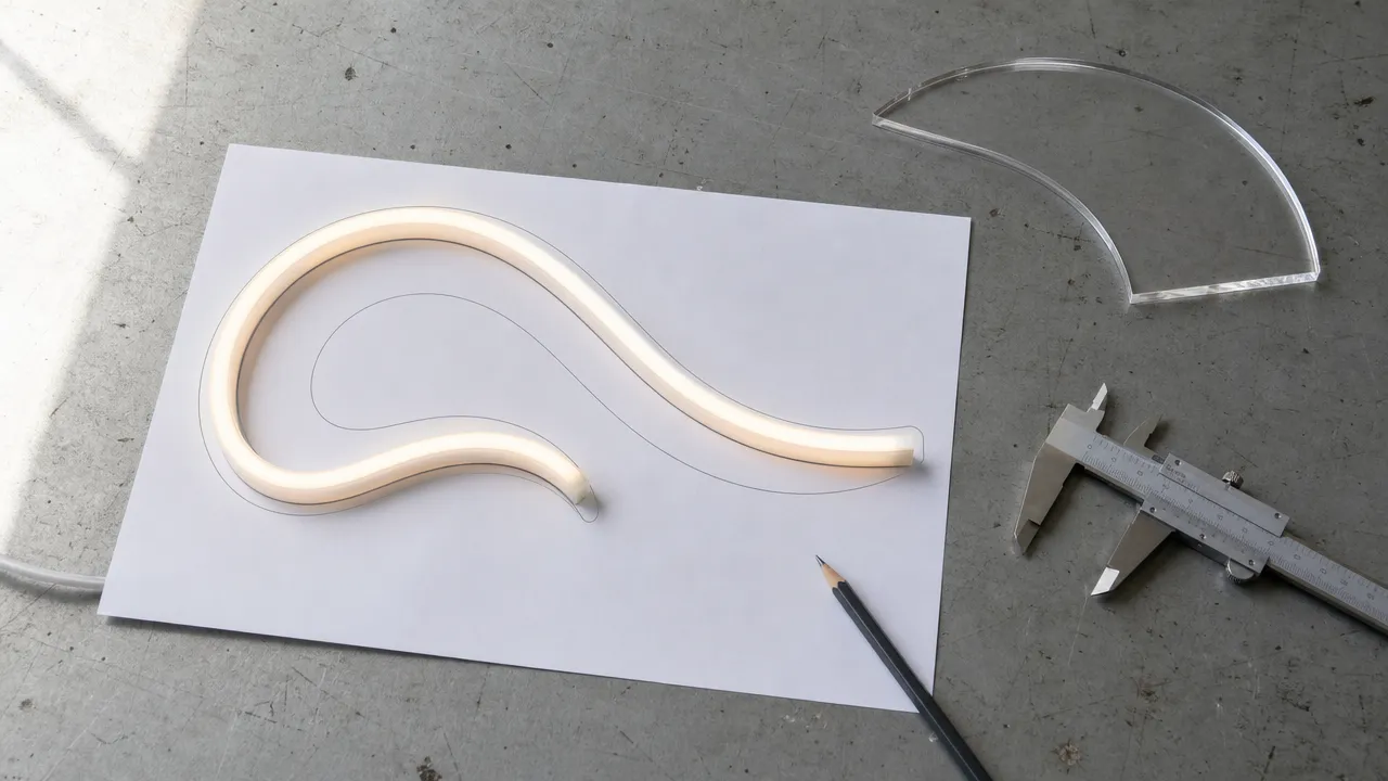 Bent LED neon flex laid over a printed line drawing on a workbench beside an acrylic offcut and calipers