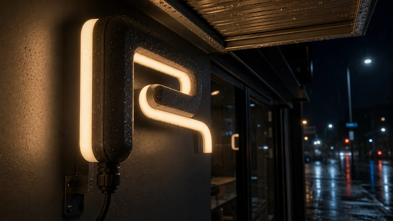 Lit tube sign on a shop facade in light rain, water beading on the housing above a sealed cable gland