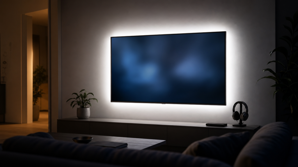 Large wall-mounted television in a dark living room with an even neutral glow spreading onto the wall behind it