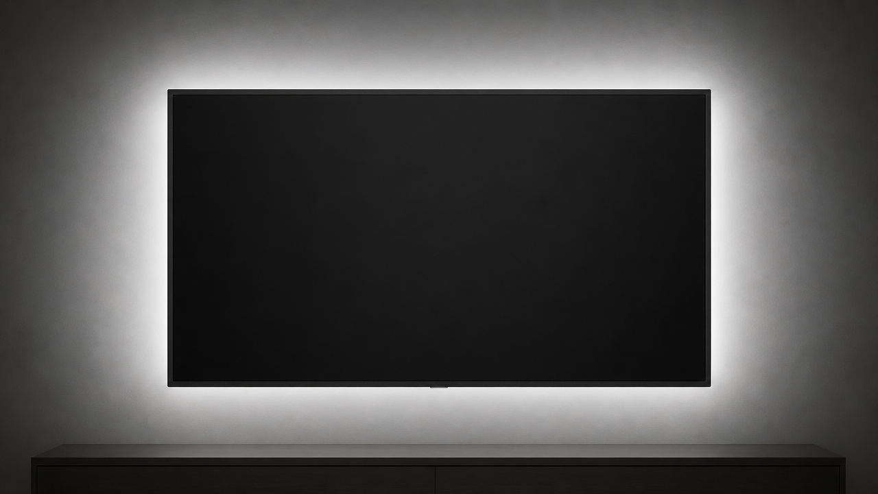 Wall-mounted television in a dark room with an even neutral white glow spreading onto the wall behind the panel