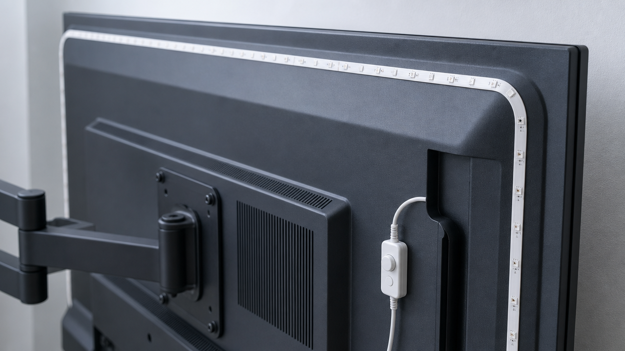 Rear of a wall-mounted television with an LED strip routed inboard around the housing and a folded turn at the corner