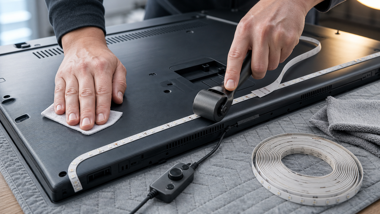 Hands cleaning a television rear housing with an alcohol wipe and pressing an LED strip down with a small roller