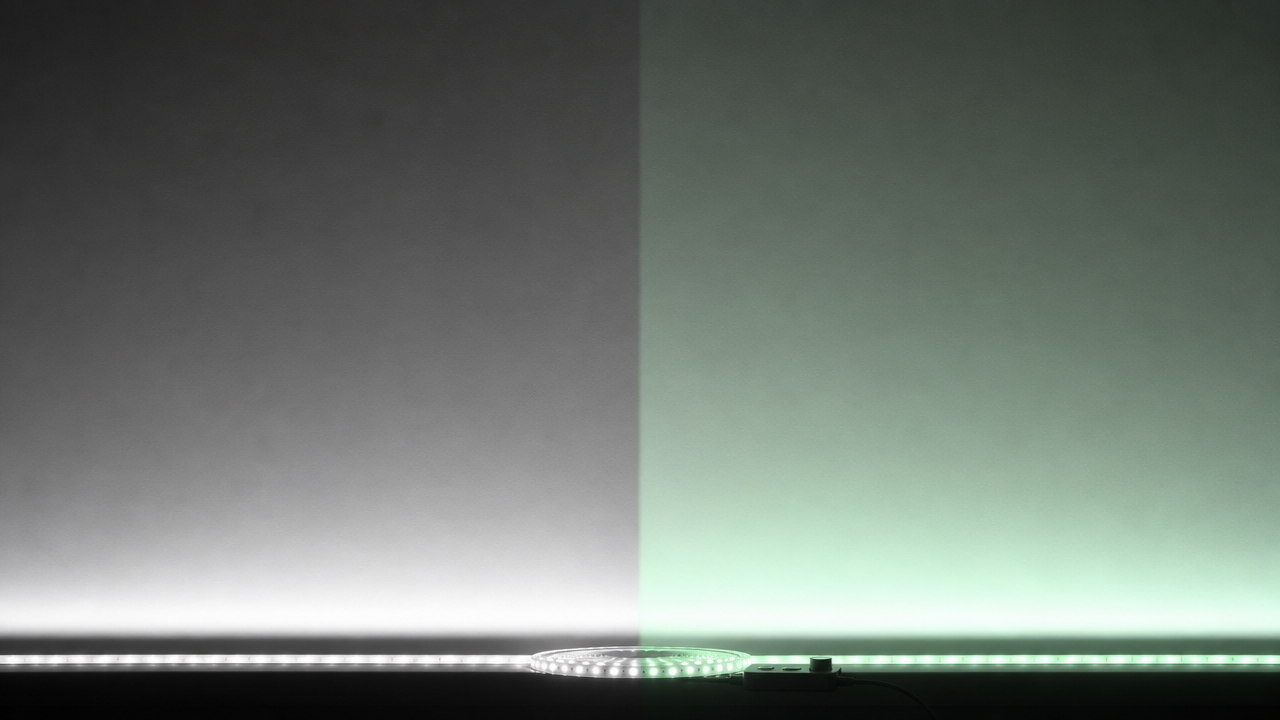 Wall behind a television lit by two strip samples, the left half neutral white and the right half visibly greener
