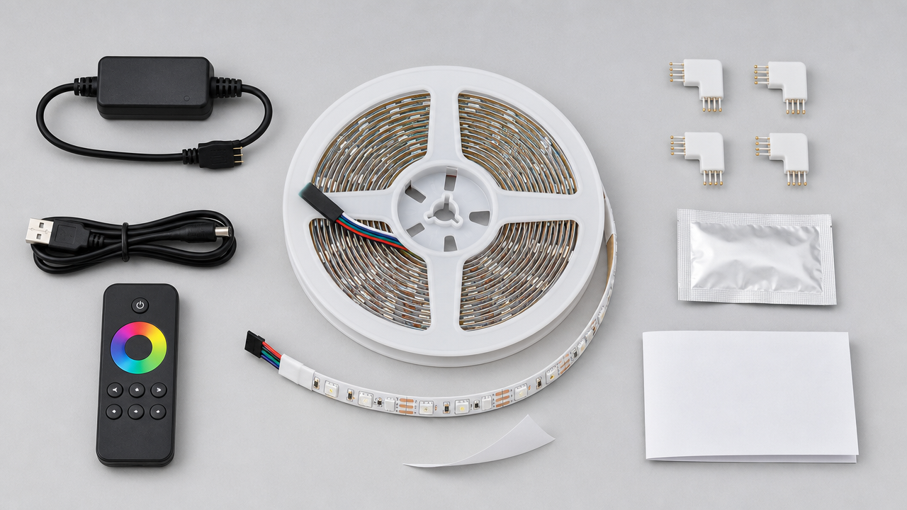 Five metre RGB LED strip reel with inline controller, USB lead, remote, corner connectors and an alcohol prep pad