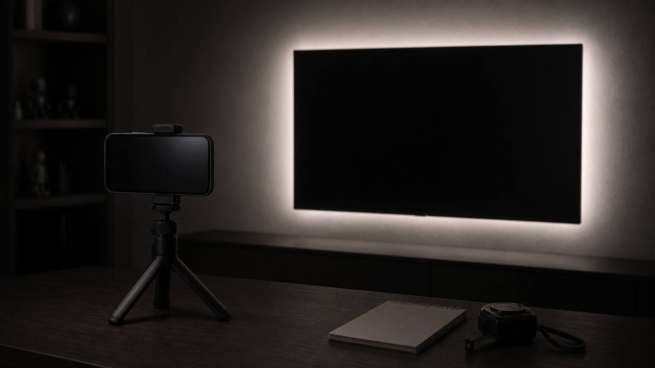 Phone on a tripod filming a wall-mounted television with its screen off and only the backlight glow visible in a dark room
