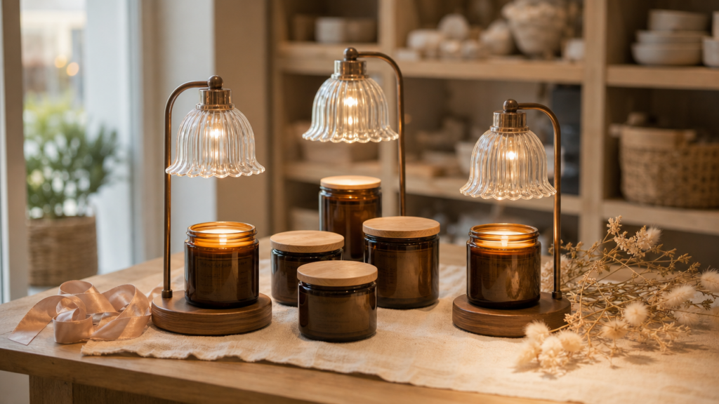 Gift shop front table dressed for early February with warm glass-shaded candle warmer lamps and amber jar candles