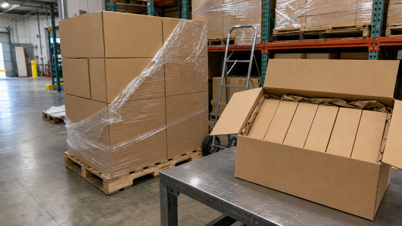 Palletised plain brown master cartons in a receiving bay, one carton open on a bench showing plain retail boxes