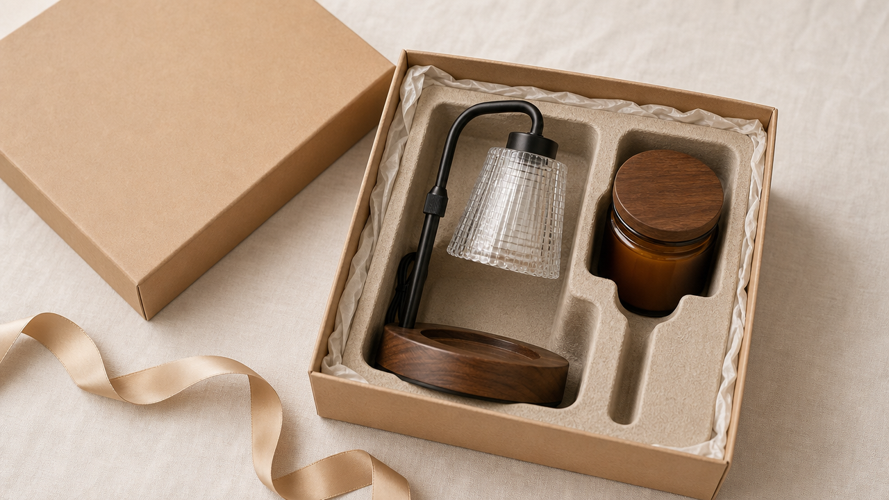 Open gift box on tissue with a glass-shaded candle warmer lamp and an amber jar candle in a moulded insert tray