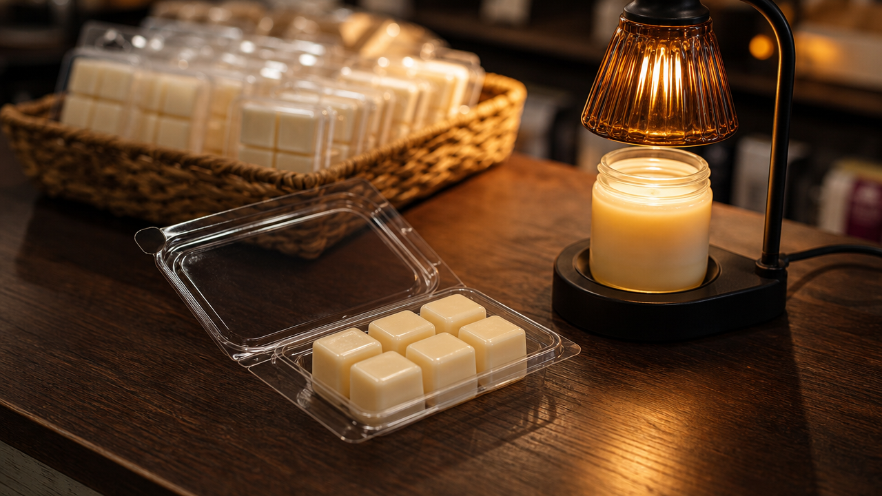 Clear six-cavity clamshell of pale wax cubes open on a shop counter beside a lit candle warmer lamp