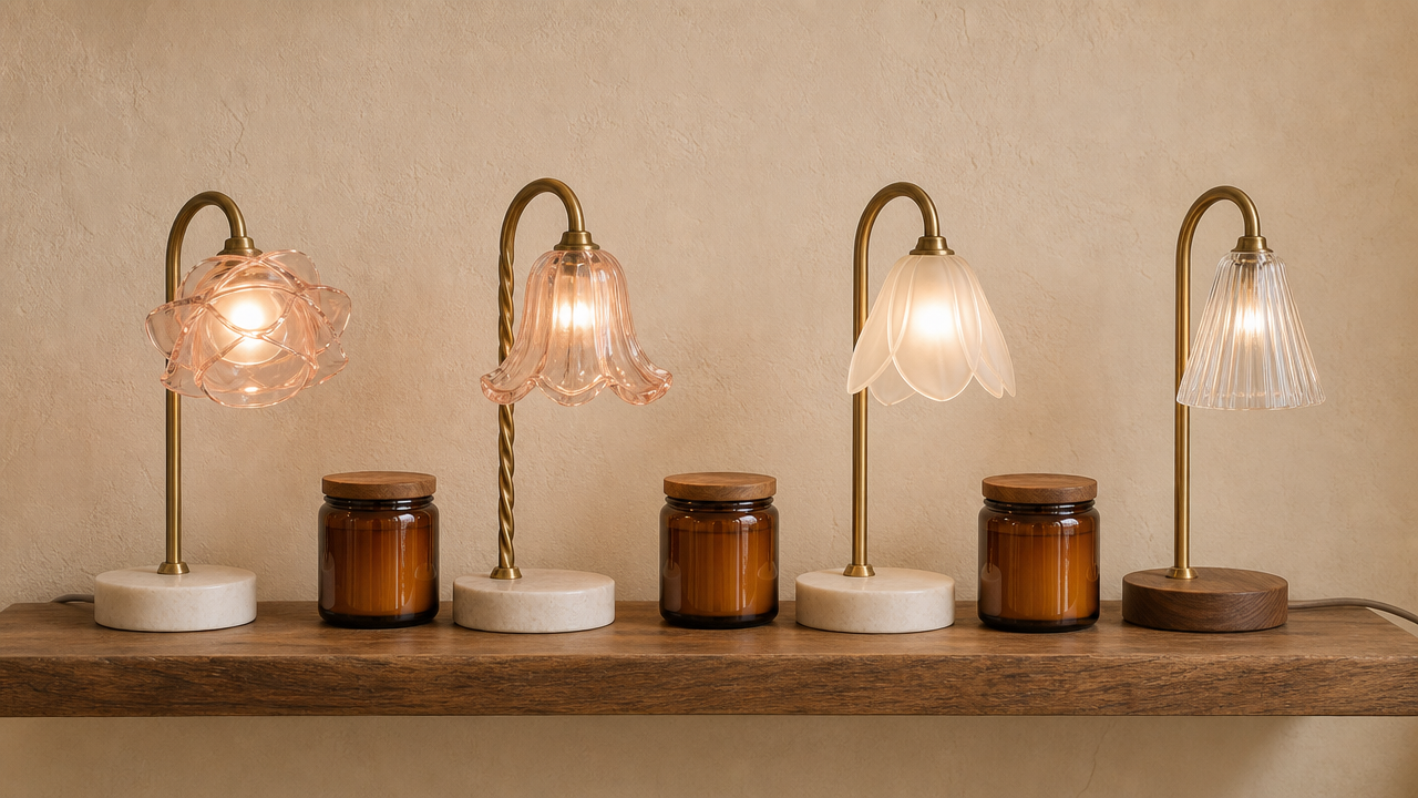 Retail shelf of glass-shaded candle warmer lamps in blush pink and clear petal forms, grouped with amber jar candles